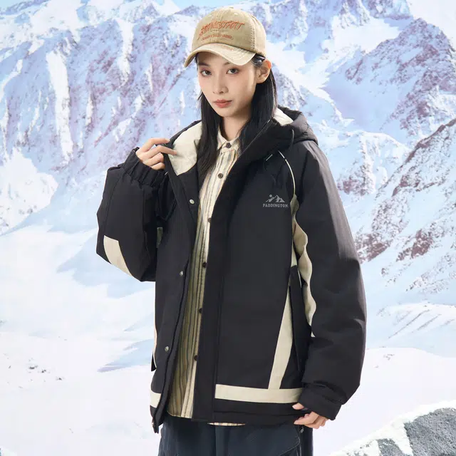 帕丁顿熊 工装户外反光雪山印花纯色拼接宽松连帽休闲外套防风防寒保暖加厚羽绒服 男女同款