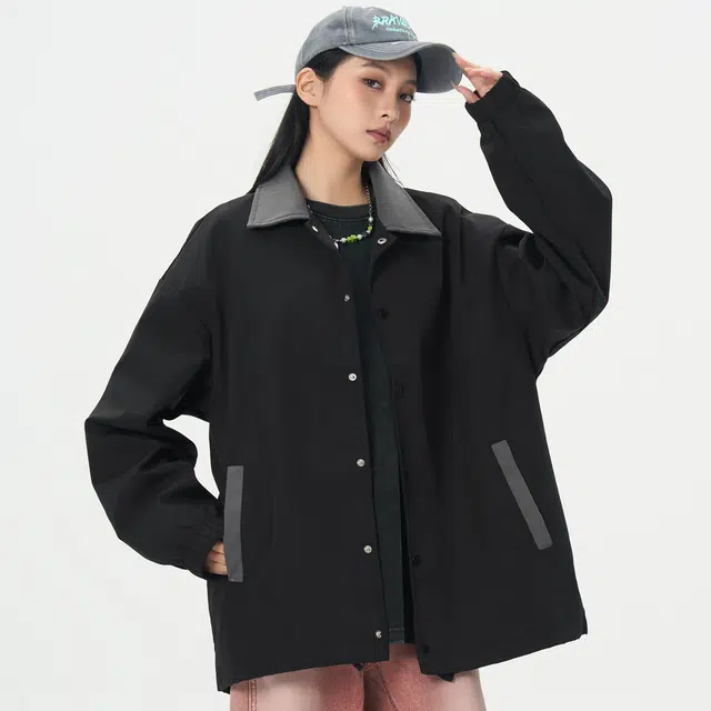 帕丁顿熊 美式复古字母印花撞色拼接宽松休闲教练夹克外套 男女同款