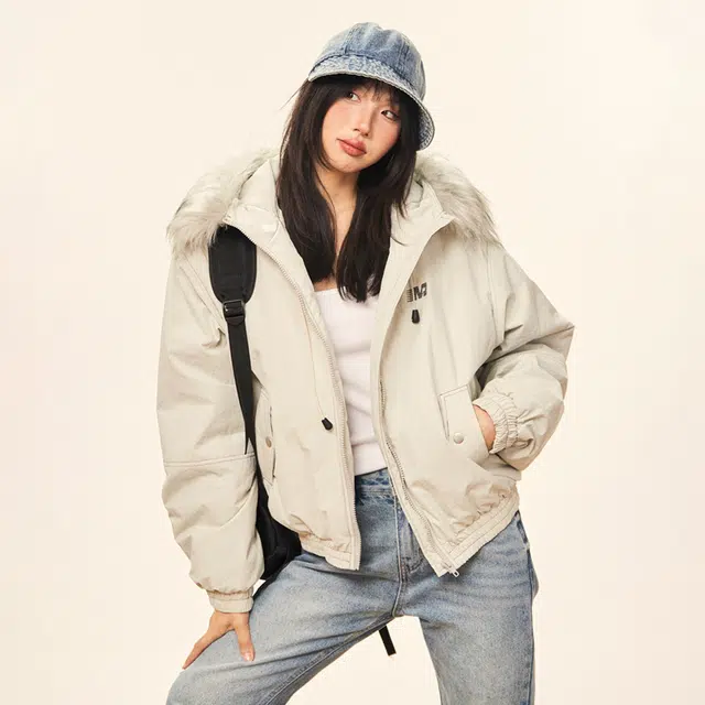 哒头下雨不愁 美式复古纯色毛领保暖舒适长袖小个子休闲时尚高级感连帽设计感派克服宽松棉服 女款