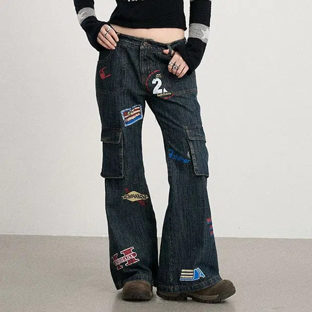 识恩 美式复古喇叭做旧工装时髦牛仔裤 女款