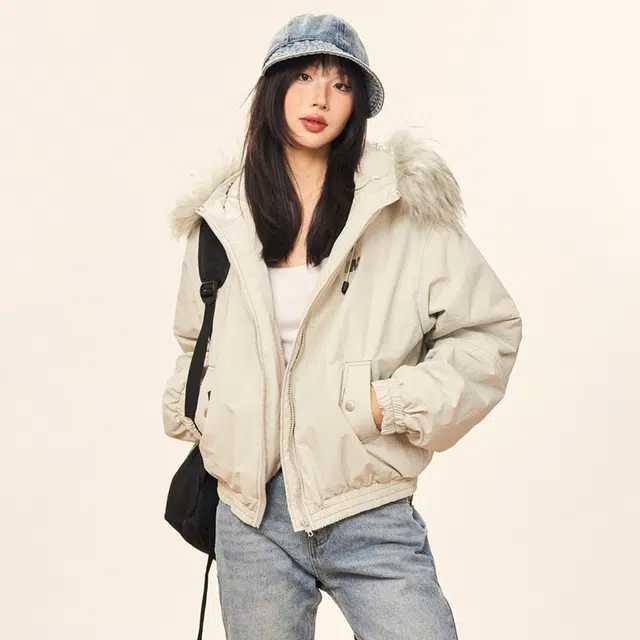 哒头下雨不愁 美式复古纯色毛领保暖舒适长袖小个子休闲时尚高级感连帽设计感派克服宽松棉服 女款