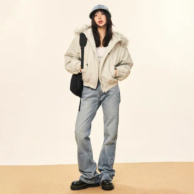 哒头下雨不愁 美式复古纯色毛领保暖舒适长袖小个子休闲时尚高级感连帽设计感派克服宽松棉服 女款