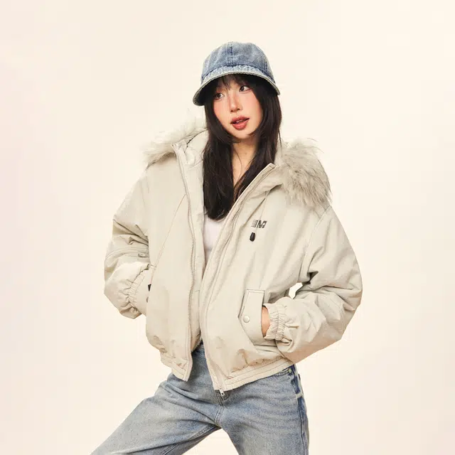 哒头下雨不愁 美式复古纯色毛领保暖舒适长袖小个子休闲时尚高级感连帽设计感派克服宽松棉服 女款