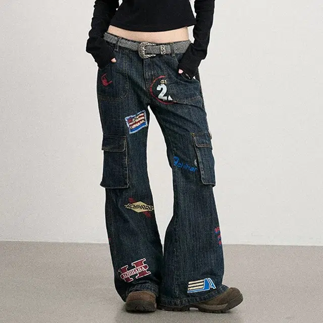 识恩 美式复古喇叭做旧工装时髦牛仔裤 女款