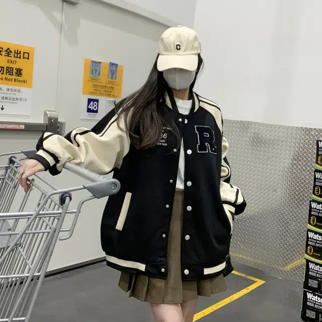 涂诗菲 美式学院风宽松休闲棒球服夹克外套 女款 黑色