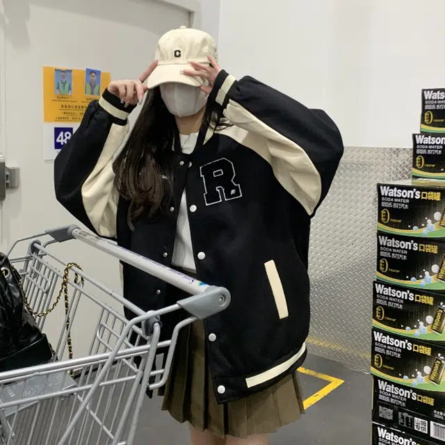 涂诗菲 美式学院风宽松休闲棒球服夹克外套 女款 黑色