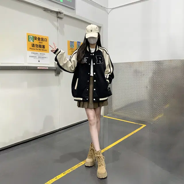 涂诗菲 美式学院风宽松休闲棒球服夹克外套 女款 黑色