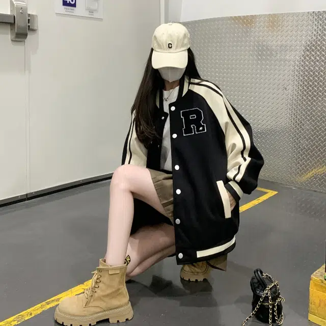 涂诗菲 美式学院风宽松休闲棒球服夹克外套 女款 黑色