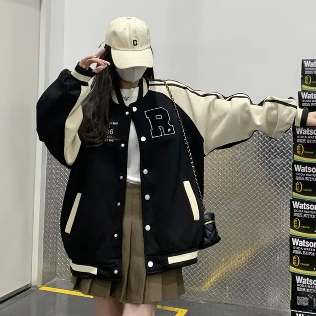 涂诗菲 美式学院风宽松休闲棒球服夹克外套 女款 黑色