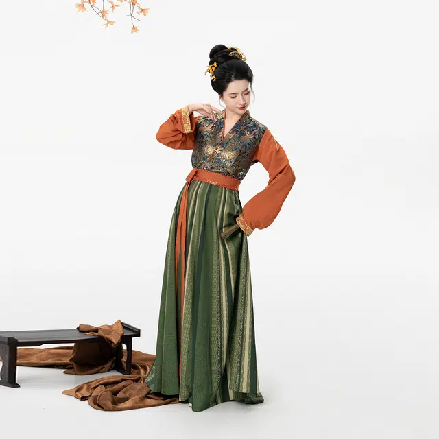织造司 原创新中式唐制复原妆花长袖圆领衫古风潮流设计感唐褙子一片式文艺复古八破裙汉服 女款