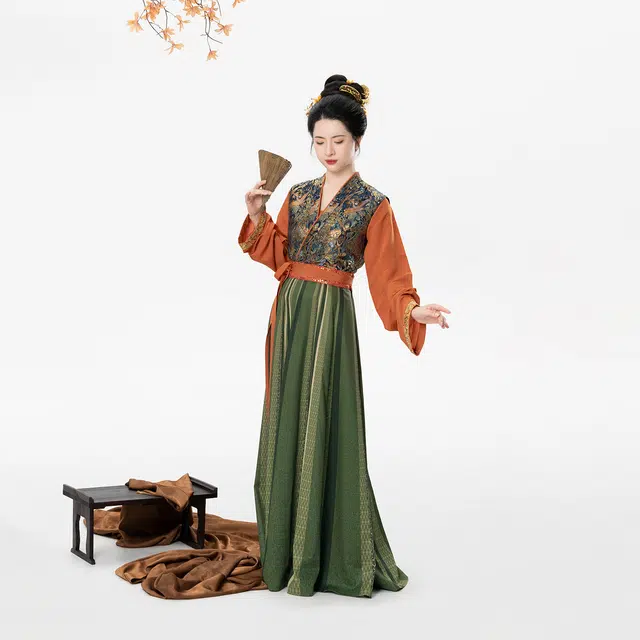 织造司 原创新中式唐制复原妆花长袖圆领衫古风潮流设计感唐褙子一片式文艺复古八破裙汉服 女款