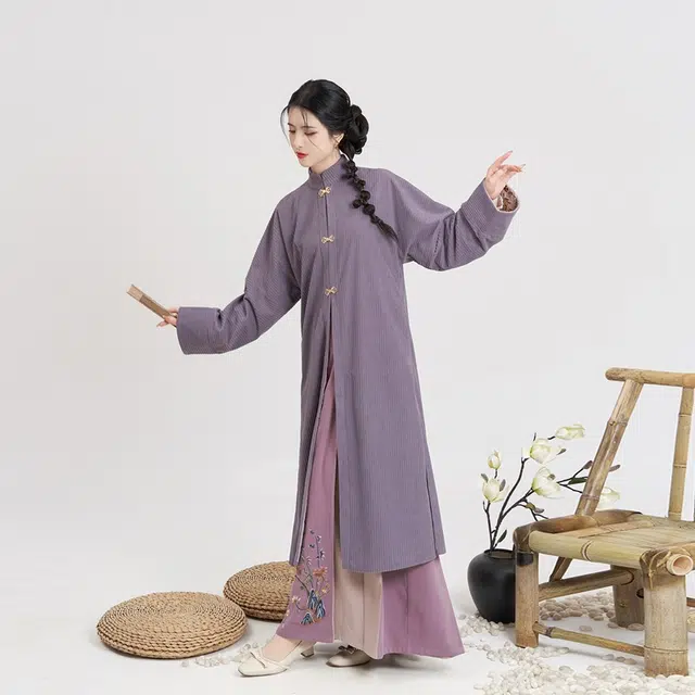 朝花锦蝶织造司原创宋制汉服灯芯绒对襟长袄立领衬衫女改良三裥裙