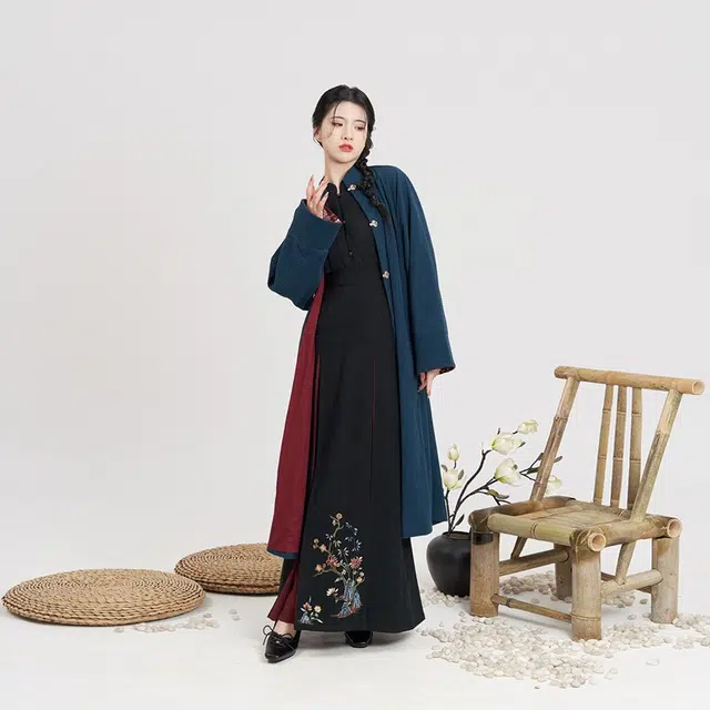朝花锦蝶织造司原创宋制汉服灯芯绒对襟长袄立领衬衫女改良三裥裙