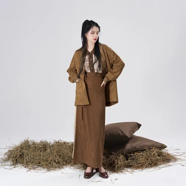 都市游牧织造司原创宋制汉服麂皮绒绣花外套水墨印花衬衫改良旋裙