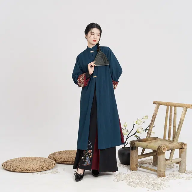 朝花锦蝶织造司原创宋制汉服灯芯绒对襟长袄立领衬衫女改良三裥裙