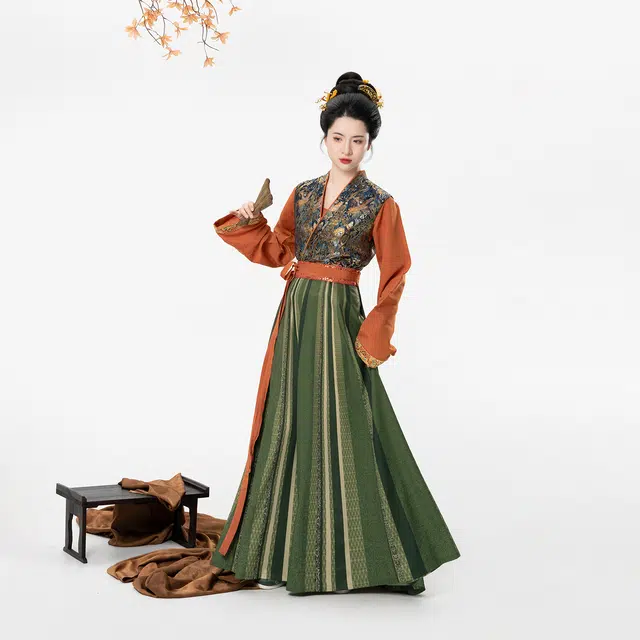织造司 原创新中式唐制复原妆花长袖圆领衫古风潮流设计感唐褙子一片式文艺复古八破裙汉服 女款