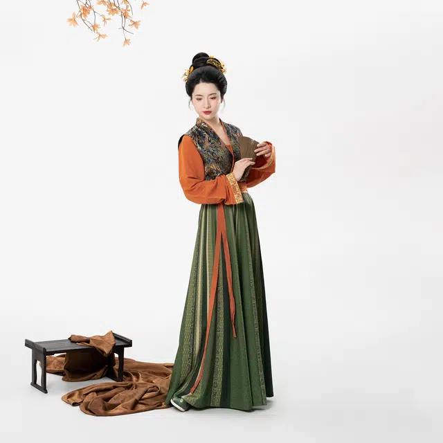 织造司 原创新中式唐制复原妆花长袖圆领衫古风潮流设计感唐褙子一片式文艺复古八破裙汉服 女款