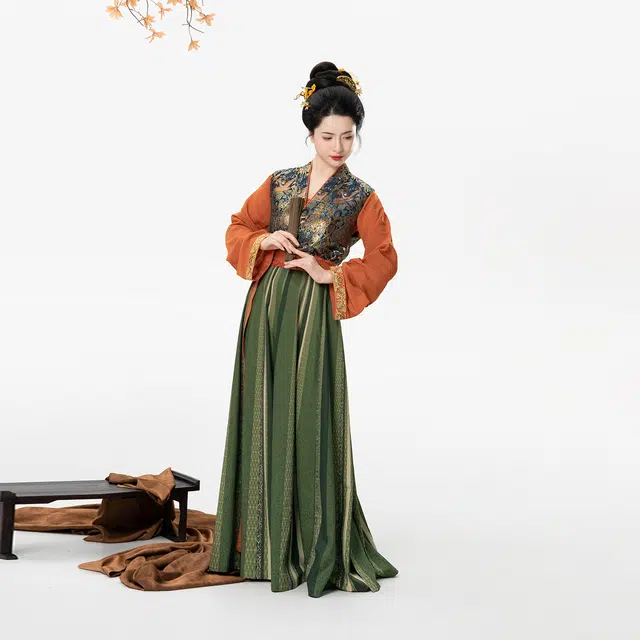 织造司 原创新中式唐制复原妆花长袖圆领衫古风潮流设计感唐褙子一片式文艺复古八破裙汉服 女款