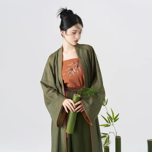 竹镜织造司原创宋制汉服织罗长褙子竹叶撞色绣花吊带改良全松紧腰宋裤