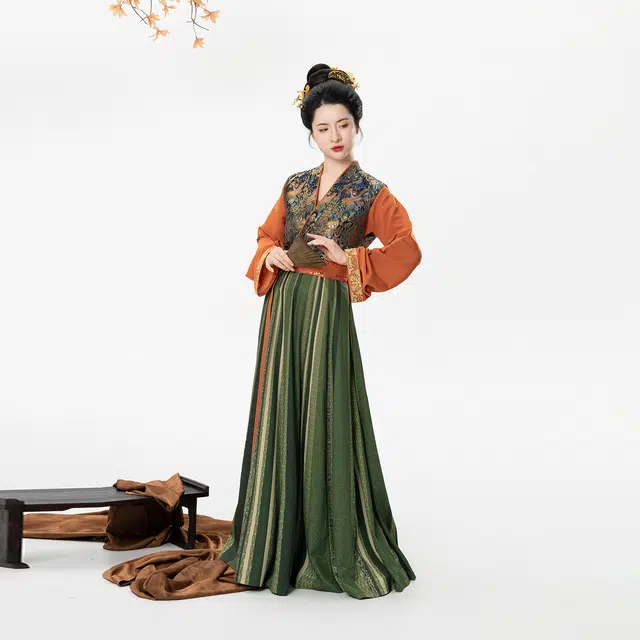 织造司 原创新中式唐制复原妆花长袖圆领衫古风潮流设计感唐褙子一片式文艺复古八破裙汉服 女款