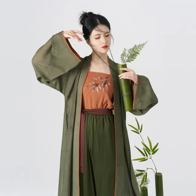 竹镜织造司原创宋制汉服织罗长褙子竹叶撞色绣花吊带改良全松紧腰宋裤