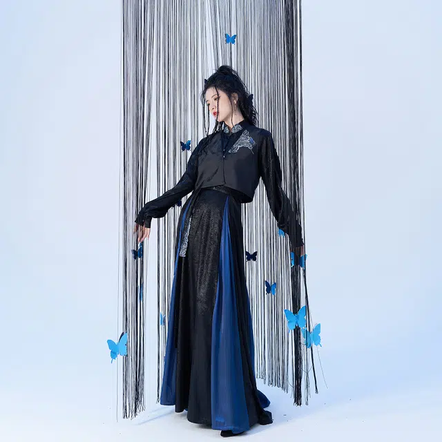 织造司 原创唐制蝴蝶织金改良立领上衣唐褙子发光缎破裙汉服 女款