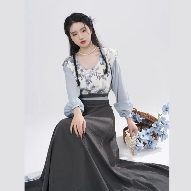 禾谷织造司原创唐制汉服女款夏季假两件唐褙子圆领衫破裙显瘦长裙