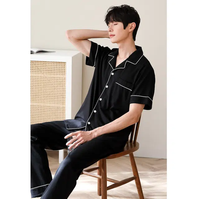 潞优野 凉感休闲短袖长裤家居服开衫睡衣套装 男款 黑色