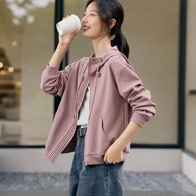 潞优野 设计感松弛百搭抽绳连帽休闲外套女短款上衣秋季款卫衣 女款