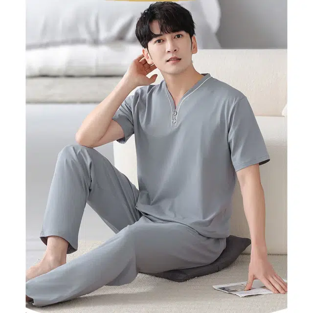 潞优野 短袖舒适纯色简约休闲家居服睡衣套装 男款