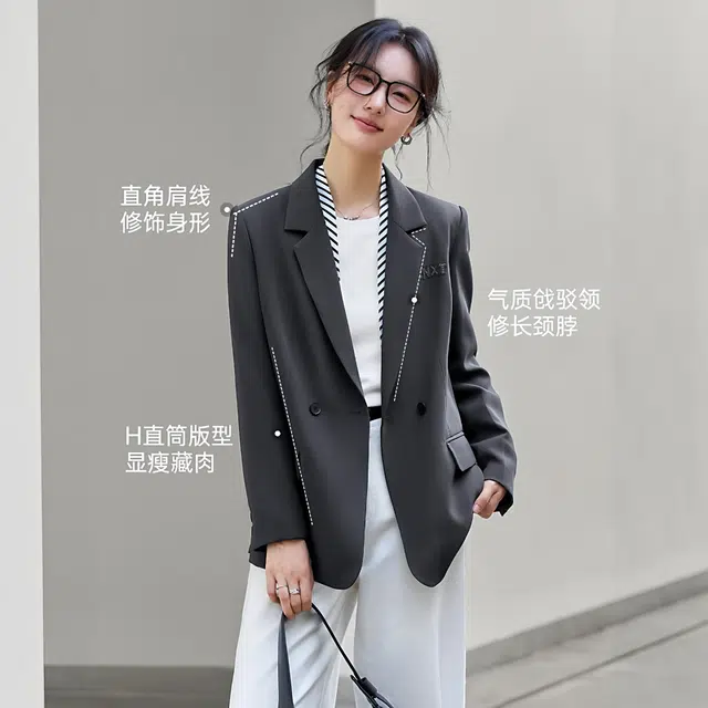 潞优野 气质高腰简约通勤字母刺绣翻领正肩开衫上衣秋季西装外套 女款
