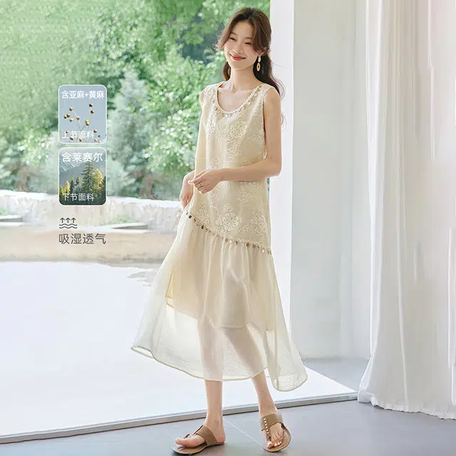 潞优野 度假风格重工刺绣背心气质无袖连衣裙 女款