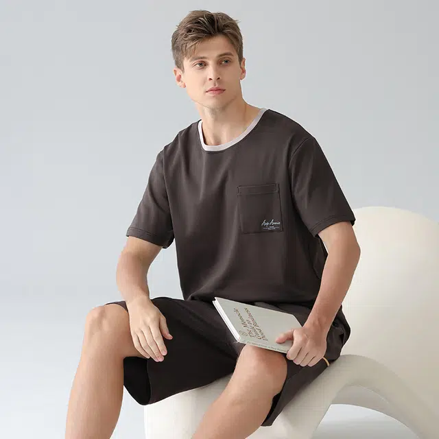 潞优野 家居服高级感短袖上衣可外穿五分裤睡衣套装 男款