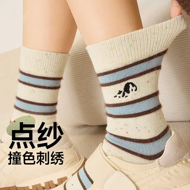 潞优野 高颜值百搭抗菌条纹防臭无骨可爱刺绣中筒袜 女款