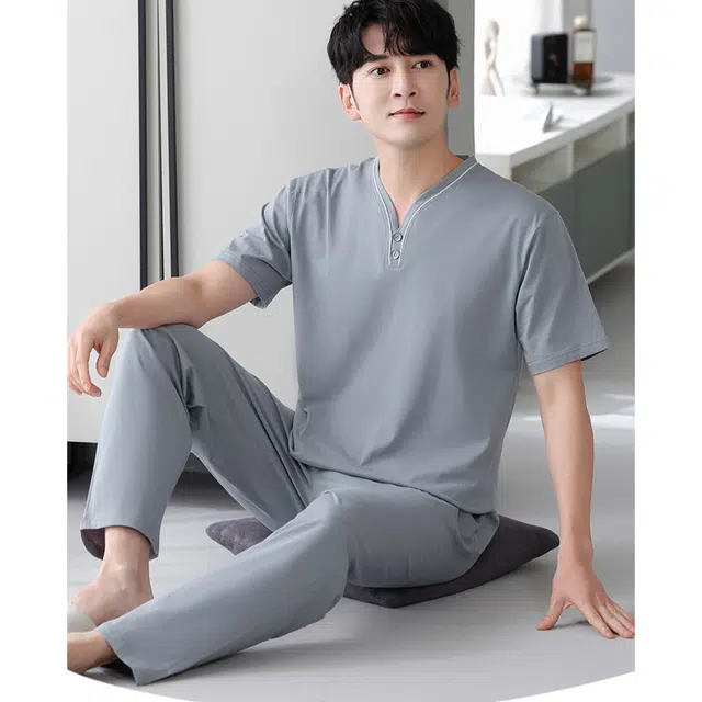 潞优野 短袖舒适纯色简约休闲家居服睡衣套装 男款