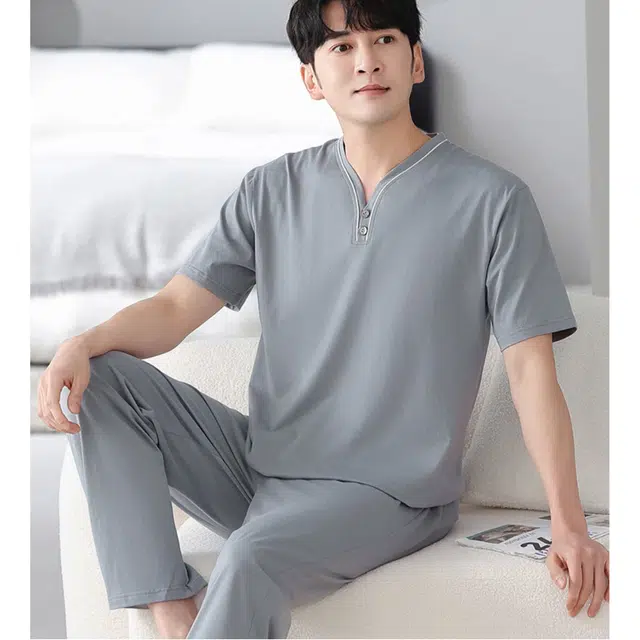 潞优野 短袖舒适纯色简约休闲家居服睡衣套装 男款