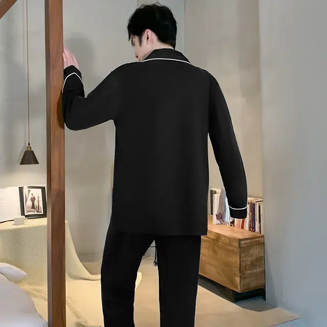 潞优野 凉感亲肤开衫长袖可外穿家居服睡衣套装 男款 黑色