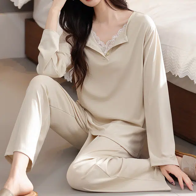 潞优野 简约高级感带胸垫舒适纯棉长袖家居服春秋款睡衣套装 女款
