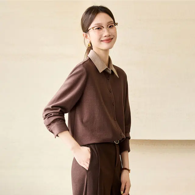 潞优野 简约松弛百搭撞色保暖含羊毛绒感拼接衬衫 女款