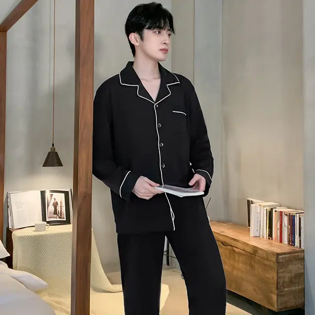 潞优野 凉感亲肤开衫长袖可外穿家居服睡衣套装 男款 黑色