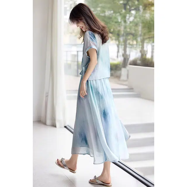 潞优野 水墨印花短袖衬衫半身裙设计感度假风两件套裙装套装 女款