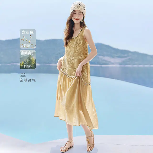 潞优野 度假风格重工刺绣背心气质无袖连衣裙 女款