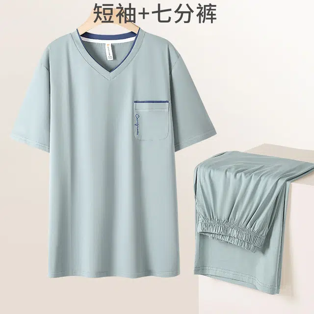 潞优野 休闲舒适简约短袖七分裤家居服睡衣套装 男款