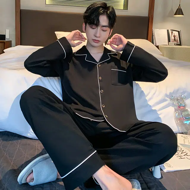 潞优野 凉感亲肤开衫长袖可外穿家居服睡衣套装 男款 黑色