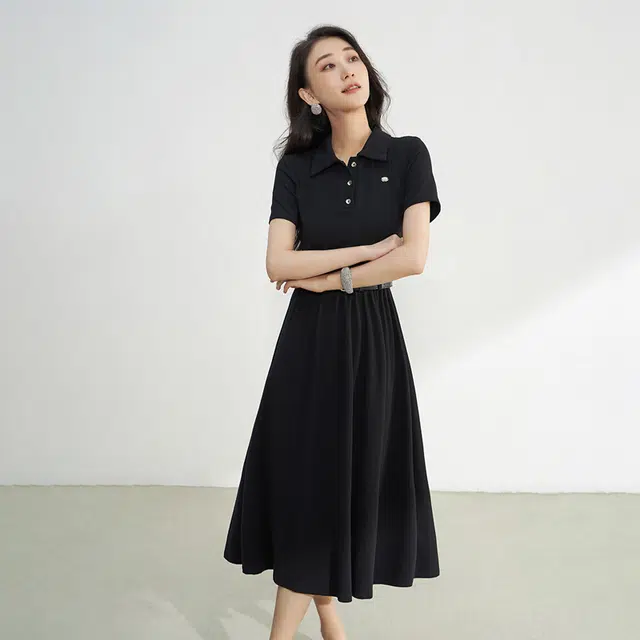 潞优野 气质简约翻领收腰中长裙时尚短袖连衣裙 女款