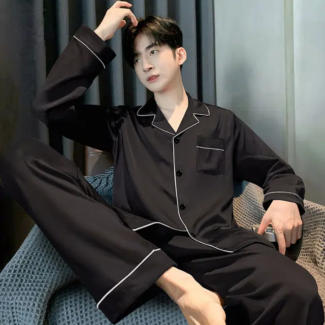 潞优野 凉感亲肤开衫长袖可外穿家居服睡衣套装 男款 黑色