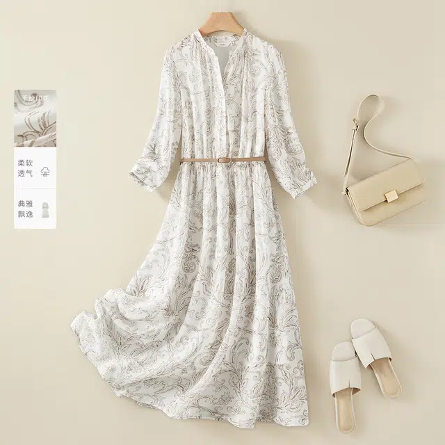 潞优野 手绘印花时尚典雅裙子长袖连衣裙 女款