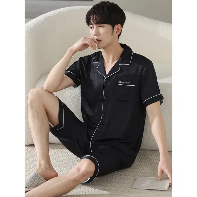 潞优野 休闲舒适简约短袖家居服睡衣套装 男款 雅黑