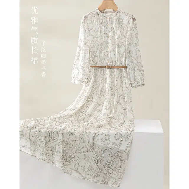 潞优野 手绘印花时尚典雅裙子长袖连衣裙 女款