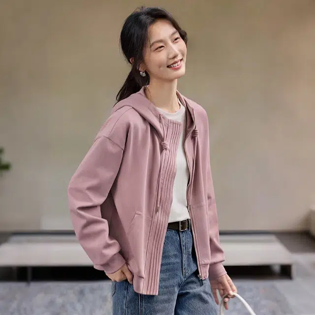 潞优野 设计感松弛百搭抽绳连帽休闲外套女短款上衣秋季款卫衣 女款